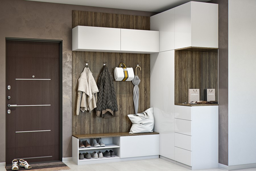 Шкаф в прихожую с полками и зеркалом