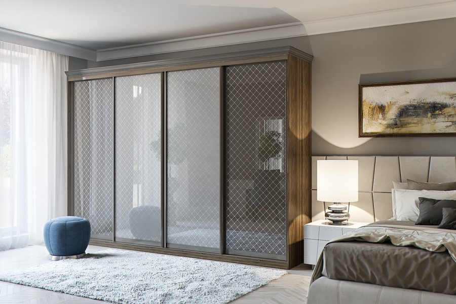 Шкаф-купе со стеклами "Дуб Сонома темный/Трюфель/Кашемир"