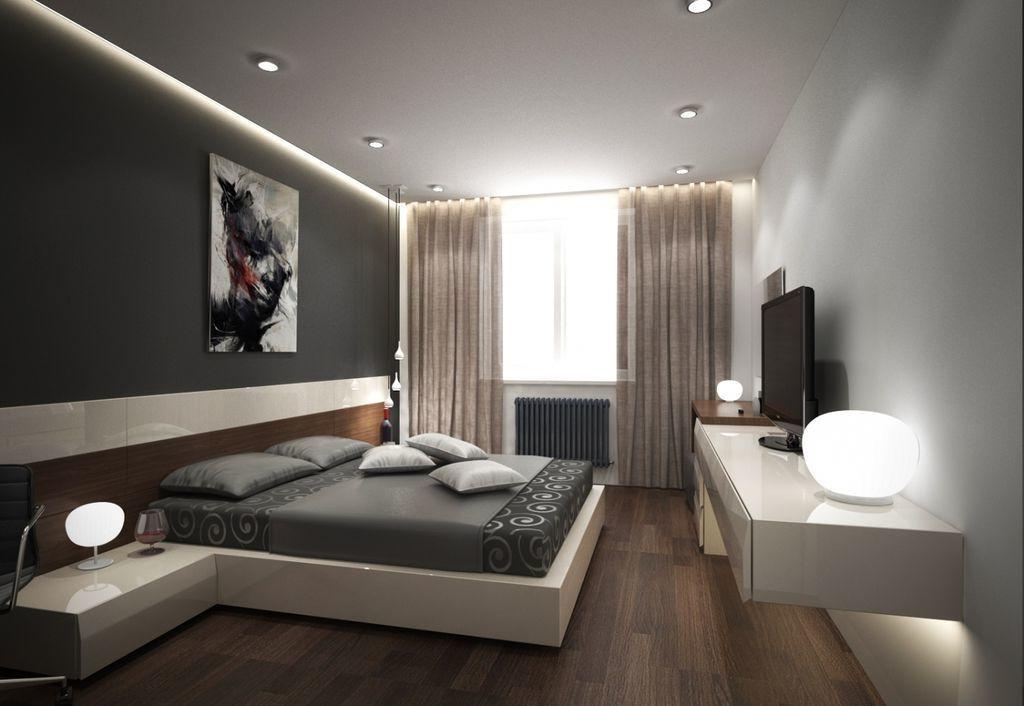 Тканевый натяжной потолок с подсветкой в спальне