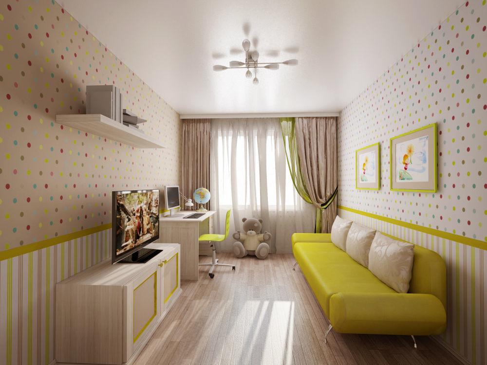 Белый сатиновый потолок с люстрой в детской