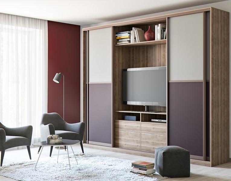 Шкаф-купе с тв-полкой в гостиную Шкаф-купе с тв-полкой в гостиную