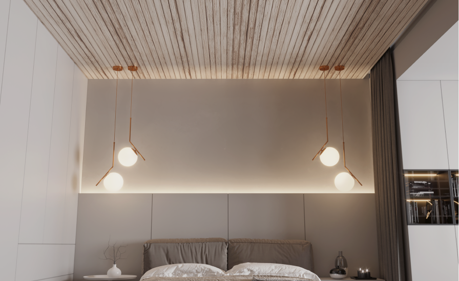 Потолок с фотопечатью под дерево на фактурном полотне